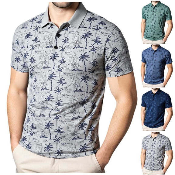 Felirenzacia Plus Size Men’s Regular Fit Polo, Lightweight Performance Palm Tree Print Short Sleeve Hawaii Shirt, Gray,4XL