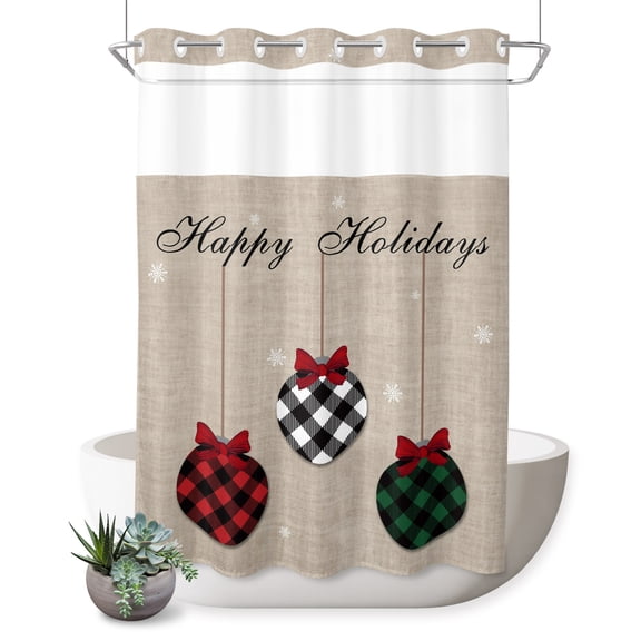 No Hook Shower Curtain, Christmas Shower Curtains for Bathroom with See Through Top Window, Winter Snowflakes Plaid Xmas Balls Bow on Linen Waterproof & Washable Bath Curtain Stall 48"x72"
