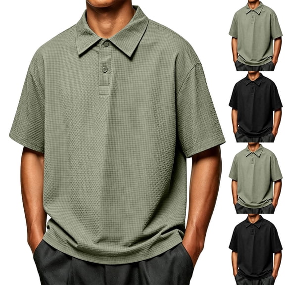 SeCaotees Oversized Short Sleeve Polo Shirts for Men Turn‑Down Collar Button Placket Relaxed Fit Lightweight Knit Streetwear Tops Black,L
