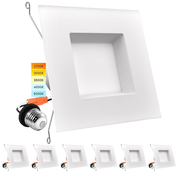Luxrite 5/6" LED Square Recessed Lighting  5 Color Selectable 2700K, 3000K, 3500K, 4000K, 5000K Baffle Trim 6 Pack