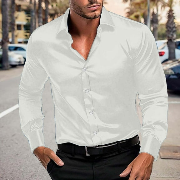 BLCHUNen Long Sleeve Shirts for Men Satin Silk Casual Button down Lightweight Going out Party Fashion Relaxed Fall Shirts