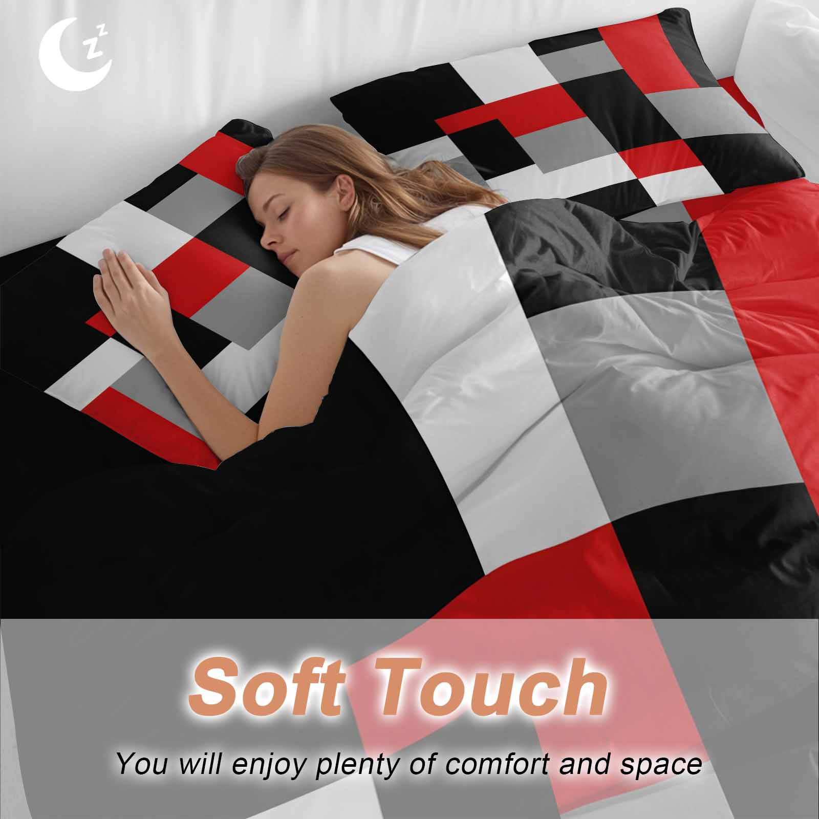 Red Black Grey Geometric Duvet Cover Set, Modern Abstract Art Luxury Soft Duvet Cover Queen Size Bedding Set 4 Pieces, 1 Quiltcover and 2 Pillowcases with Zipper, 1 Bed Sheet for All Seasons
