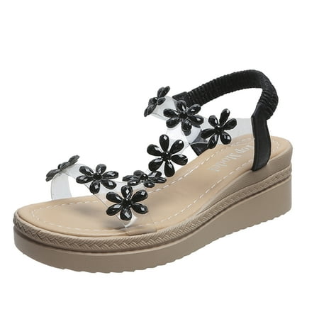 

Quealent Adult Women Sandal Teal Women Sandals Ladies Fashion Summer Transparent Strap Flower Wedge Heel Elastic Casual Roman Womens Water Sandal Black 7.5