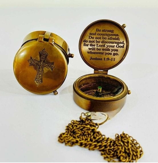 Antique Chain Compass for Hiking Nautical Brass Pocket with Engraved On Leather Case