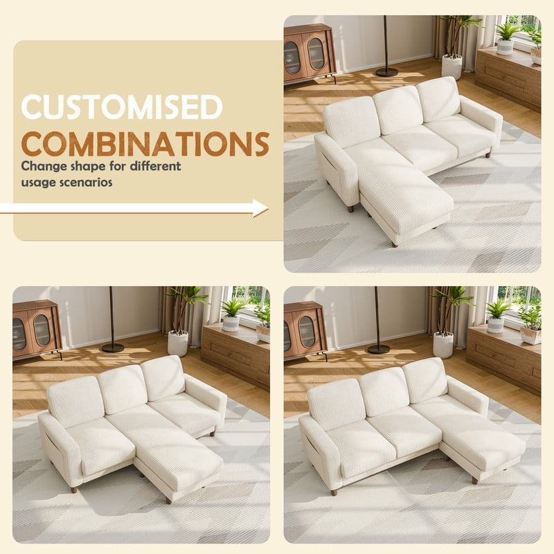 Lacoo 3 Seat Sectional Sofa L-Shaped Couch with Reversible Ottoman Convertible Cloud Couch for Living Room,Corduroy Beige