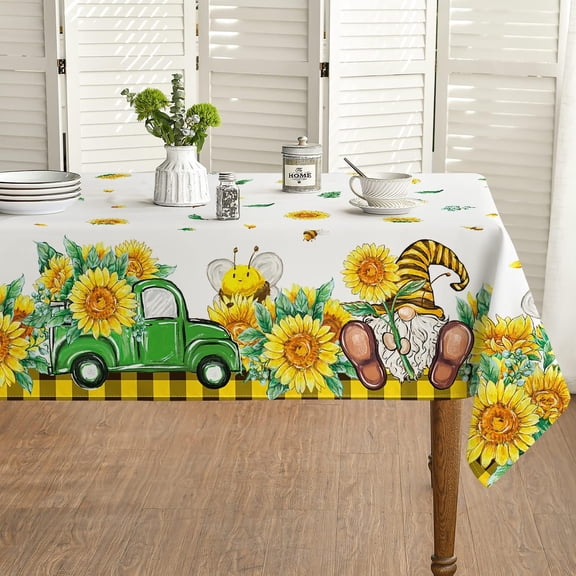 Summer Spring Tablecloth 60x104 Inch Rectangular, Truck Watercolor Sunflower Table Cover for Party Picnic Dinner Decor