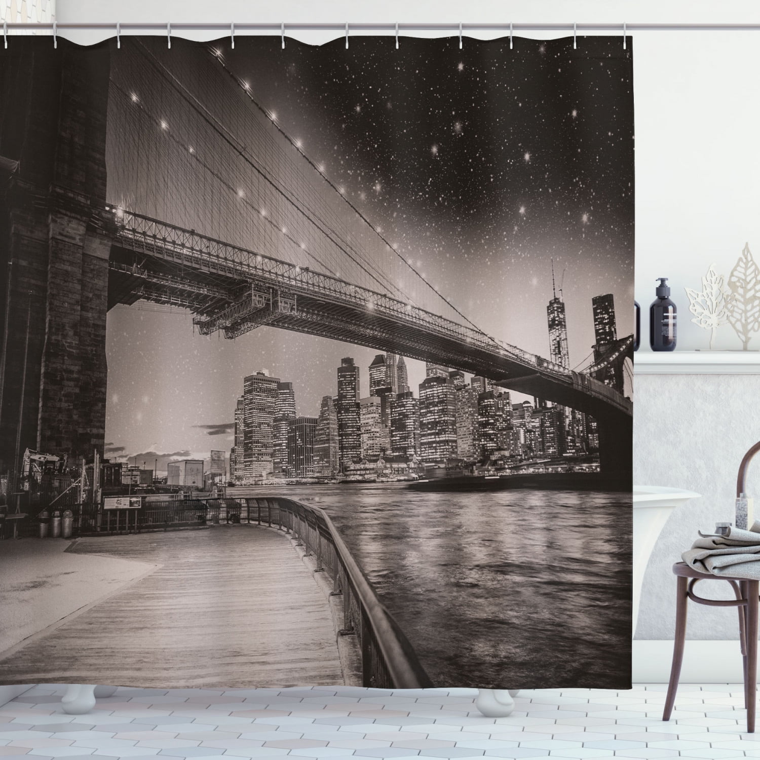 New York Shower Curtain, Summer Night in Manhattan Brooklyn Bridge Park