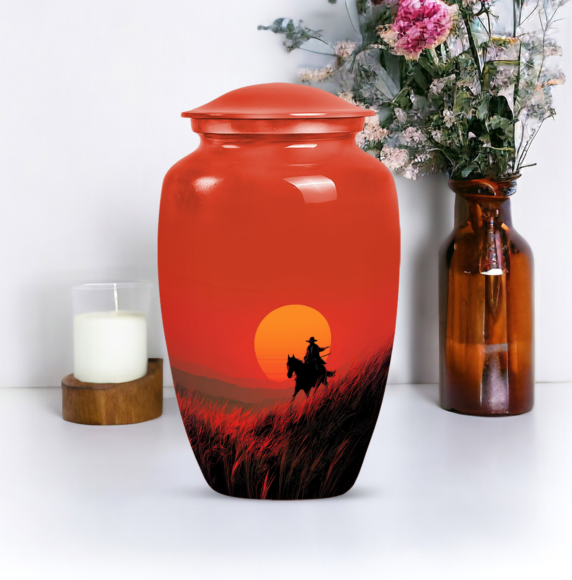 Sunset Cowboy Memorial Keepsake Urns For Ashes, Large Decorative Cremation Urns For Human Ashes Mom & Dad, Cremation Urns For Adult Women Ashes (Size-10 inch 1 Pc, 3 Inch 1pcs)