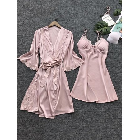 

CoCopeaunt Women Pajamas 2 Pieces Satin Sleepwear Pijama Silk Home Wear Home Clothing Embroidery Sleep Lounge Pyjama with Chest Pads