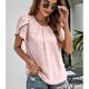 thumbnail image 3 of Camiseta con cuello redondo para mujer, escote plisado, mangas cortas de pétalos, tela jacquard, camiseta informal de verano, color rosa L, 3 of 8