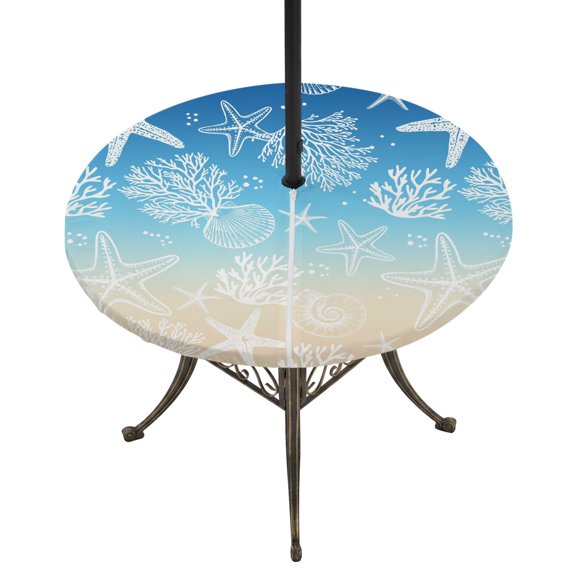 Round Outdoor Tablecloth with Umbrella Hole and Zipper, Blue Beige Ombre Coastal Tablecloth with Elastic Waterproof, Nautical Beach Starfish Coral Summer Patio Table Covers for 45" - 54" Pool Tables