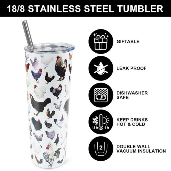 Breeds of Chicken Tumbler with Lid and Straw, Chicken Gifts for Chicken Lovers, Rooster Cup, 20 oz Chicken Skinny Tumblers Christmas Birthday Gifts,Travel Mugs Insulated for Hot and Cold Drink