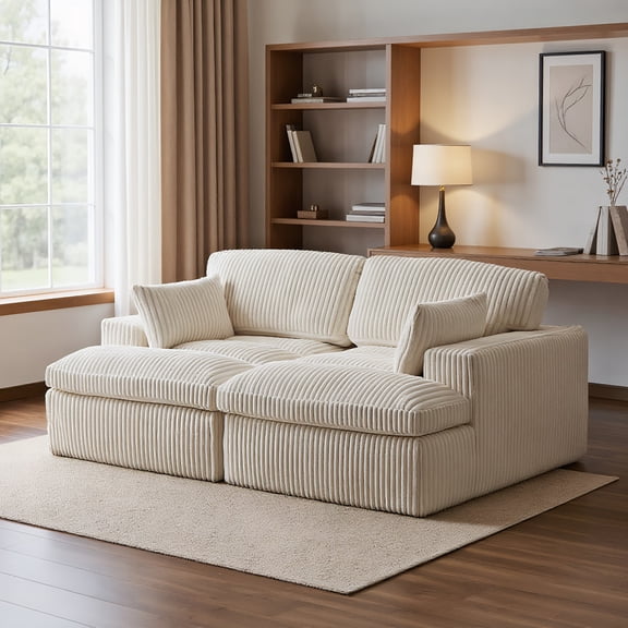 Resenkos Indoor Oversized Sofa Bed - Double Chaise Lounge, Corduroy Deep Seat No Assembly, White