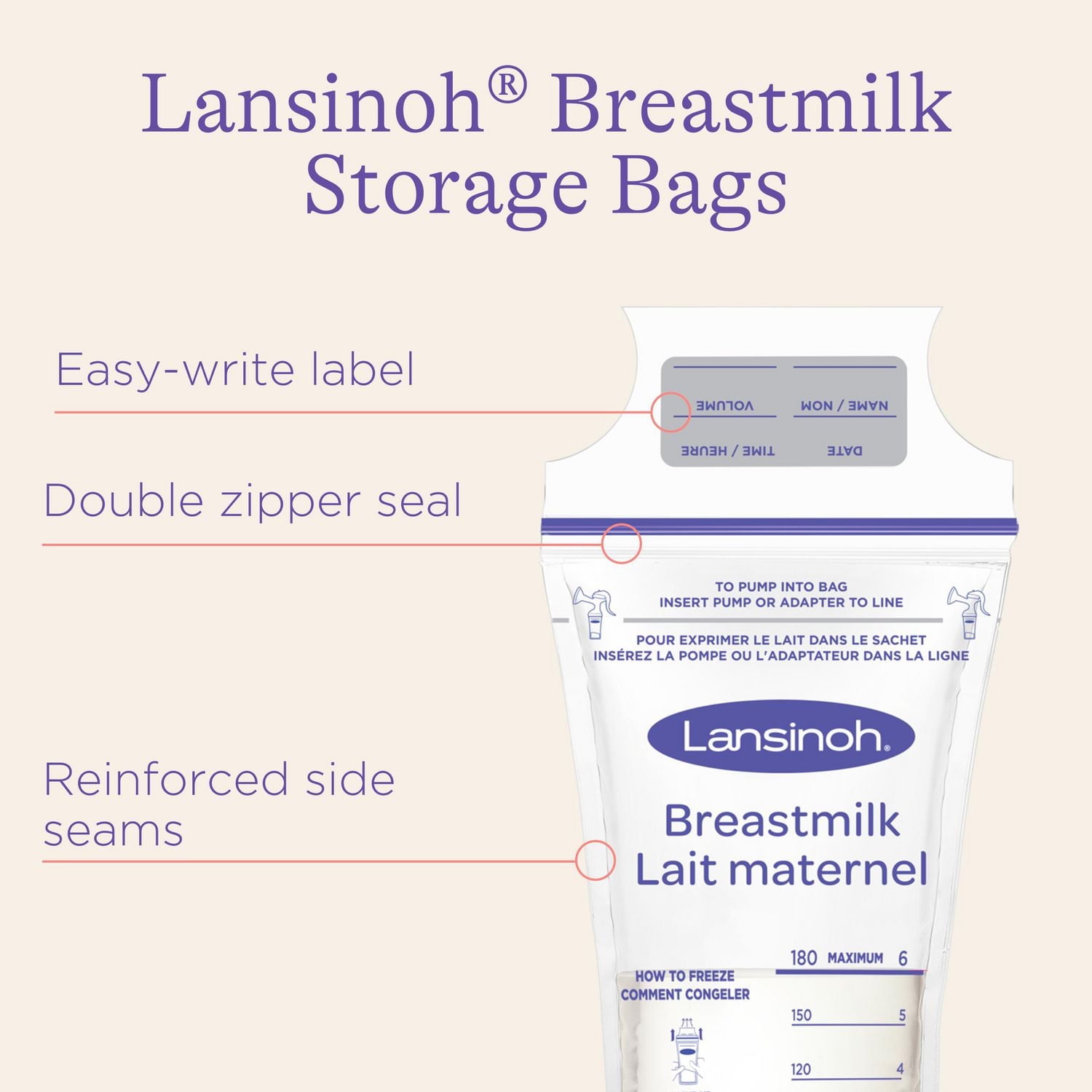 Lansinoh Breastmilk Storage Bags, 100 Count, Baby Essentials, Fast Freeze & Thaw Breast Milk Bags, 6 Oz, Superior Strength & Stretch 6oz/180ml, Sacs préstérilisés