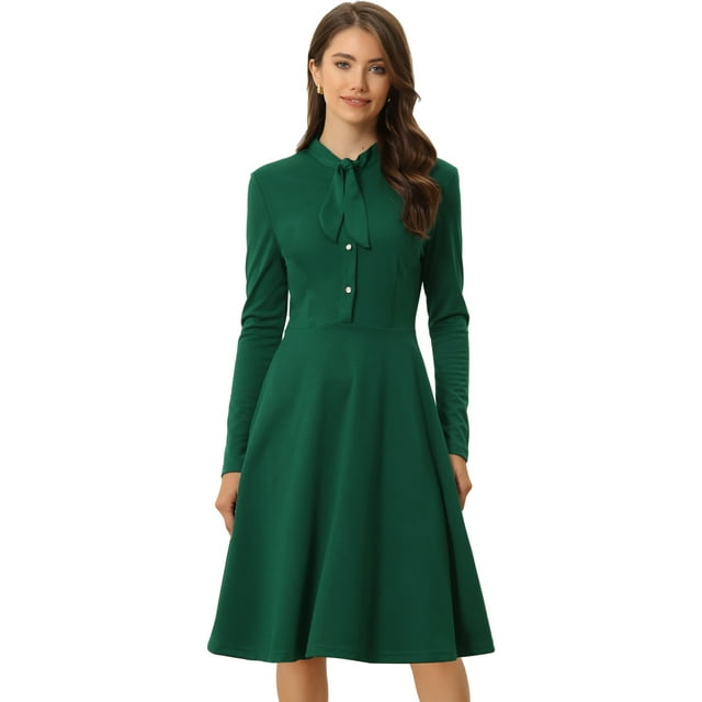 Vestido hasta la rodilla de manga larga tejido con cuello anudado para mujer Verde XL