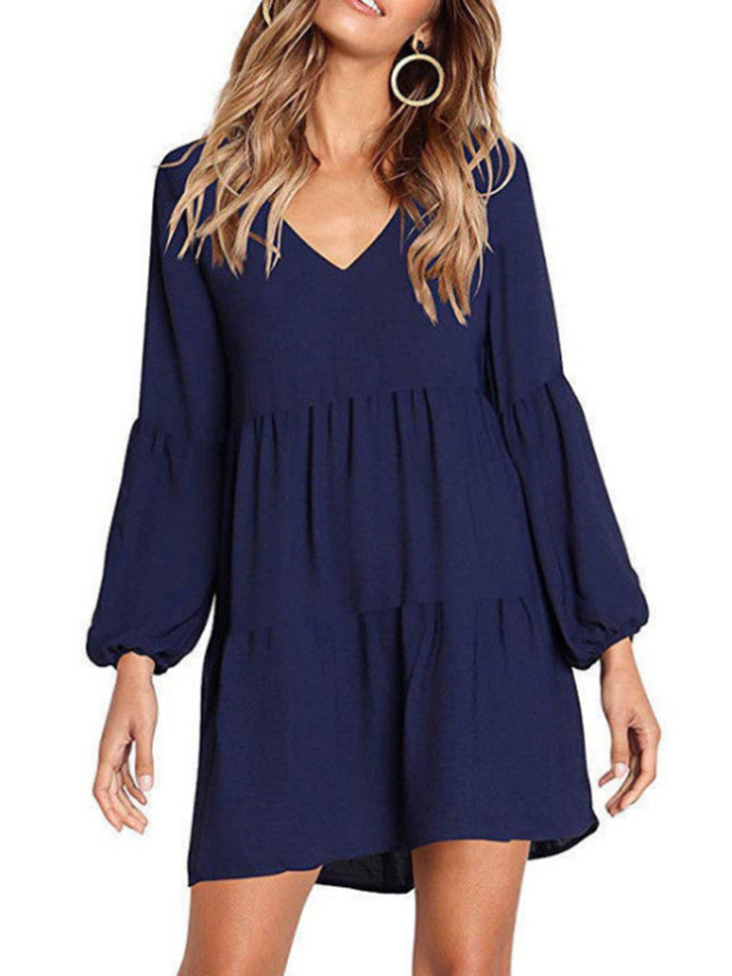 Avodova Autumn Winter Women Solid Color Seductive V Neck Long Sleeve Pleated One Piece Dress Walmart Com
