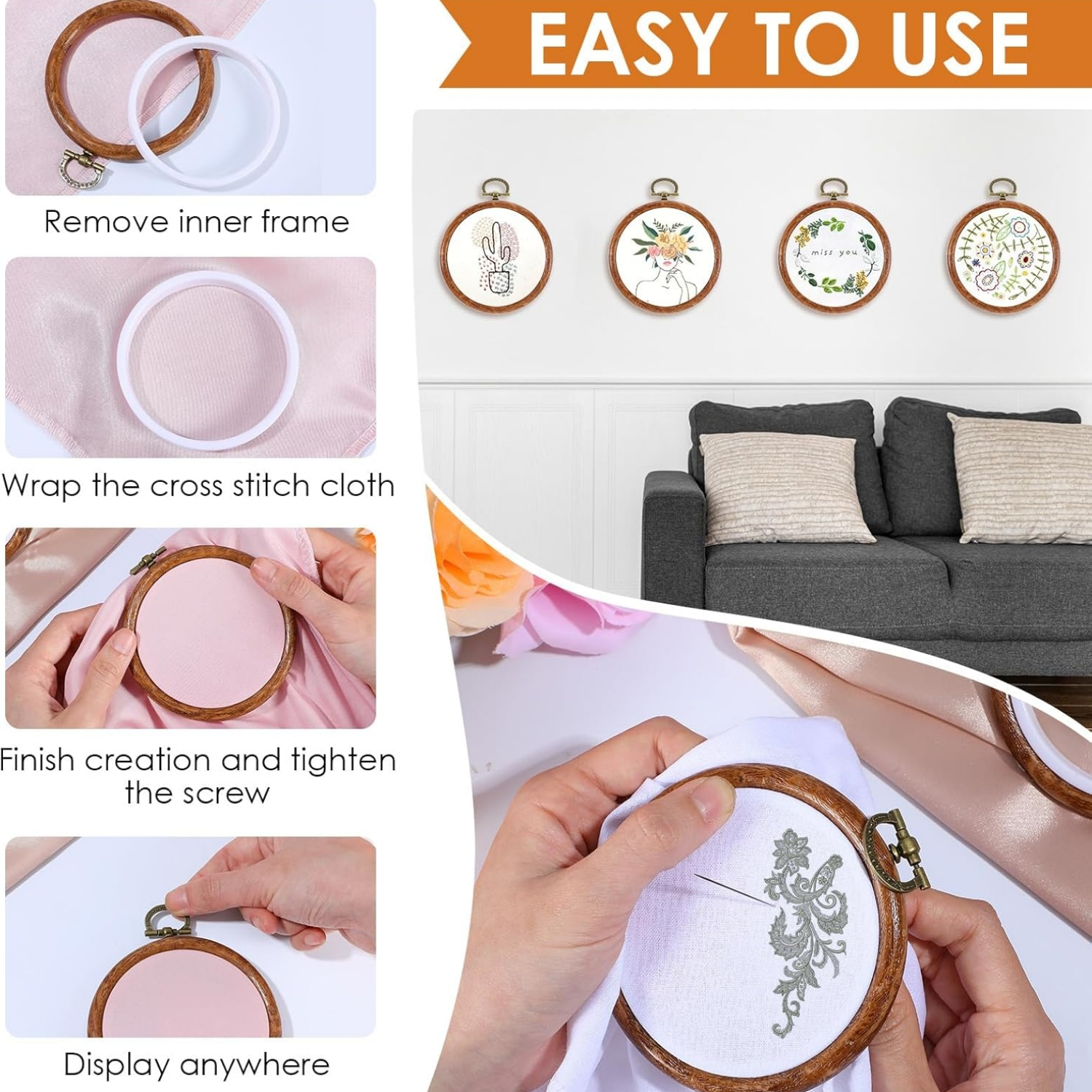 Topboutique Embroidery Hoop Ring 10 Pcs Round Cross Stitch Hoop Imitated Wood Display Circle Frames for Art Craft Sewing Embroidery DIY Ornaments Decoration,4 inch