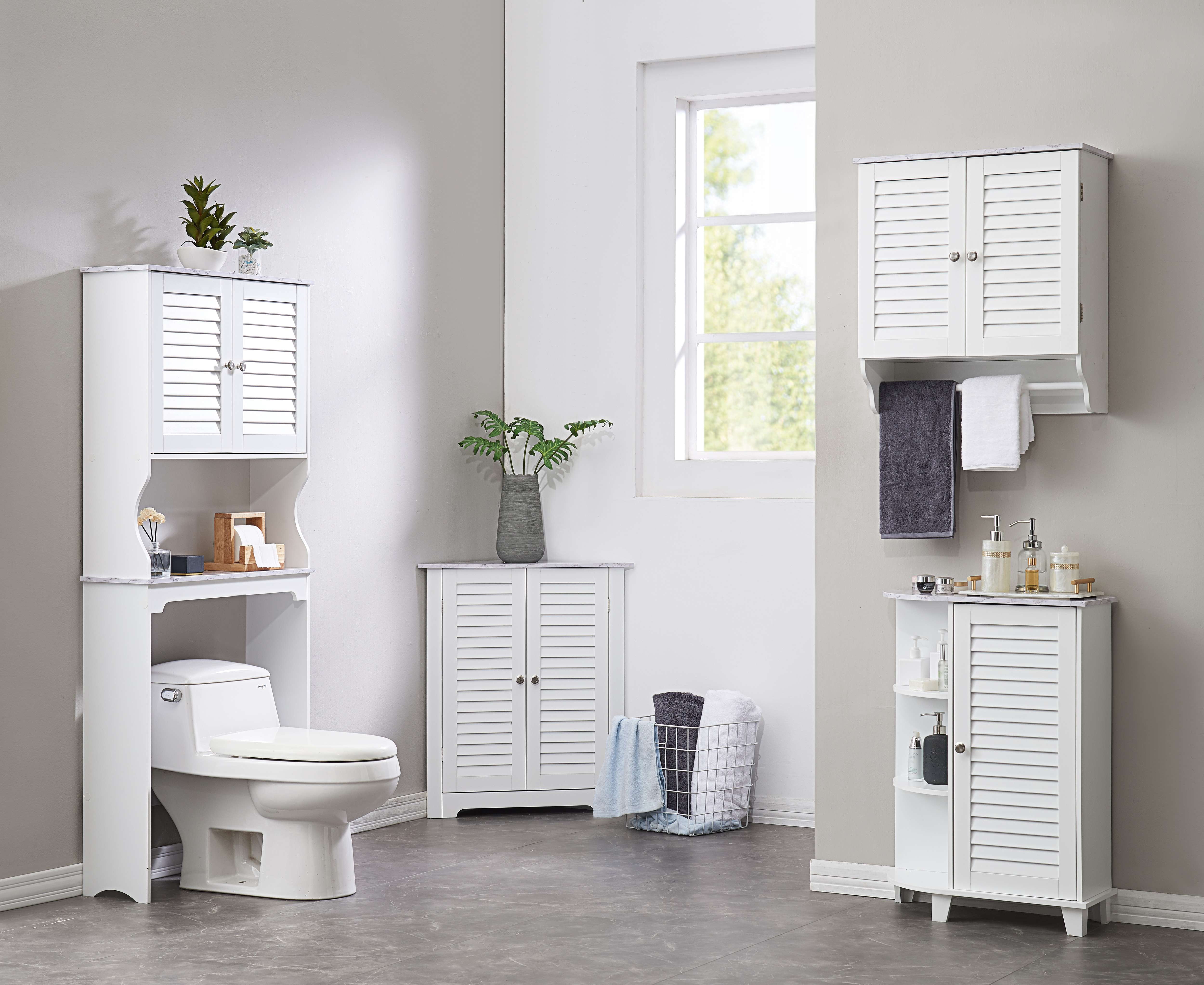 Kings Brand Furniture Freestanding Bathroom Corner Floor Storage Cabinet, White Marble