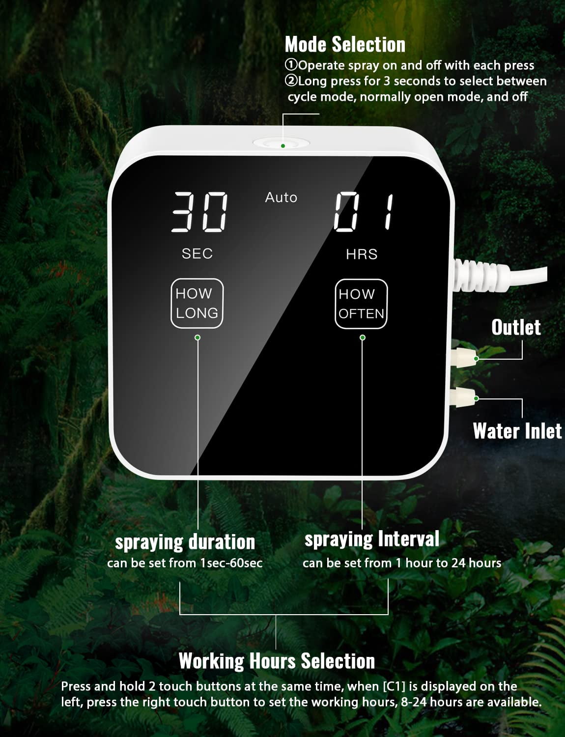 Automatic Reptile Mister Timer System, Quiet Terrarium Fogger Humidifier, Fine Mist Nozzles Water Shortage Protection for Reptiles Amphibians Chameleons