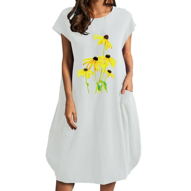 Robes d'Été Décontractées pour Femmes à Manches Courtes, Col Ras du Cou, Robe Midi à Imprimé Floral, Coupe Ample et Confortable, Robe T-Shirt avec Poches