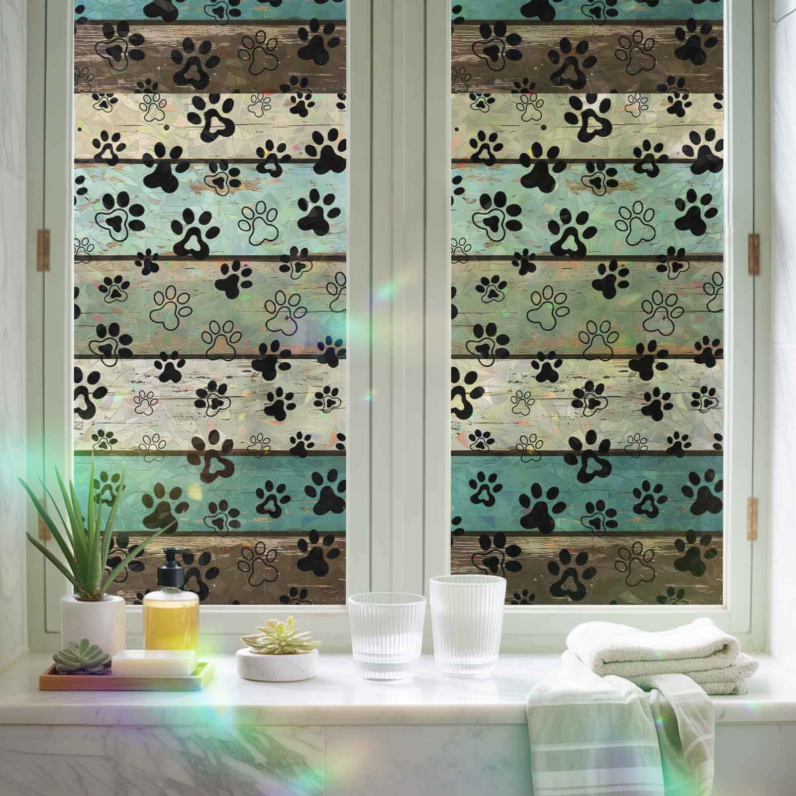 Sage Green Brown Paw Prints Window Privacy Film Rainbow Static Cling Stain Glass Window Film for Door, Decorative Sunroof Decal Sticker for Car Bathroom 17.7"x78.7" Vintage Farmhouse Wooden Grain