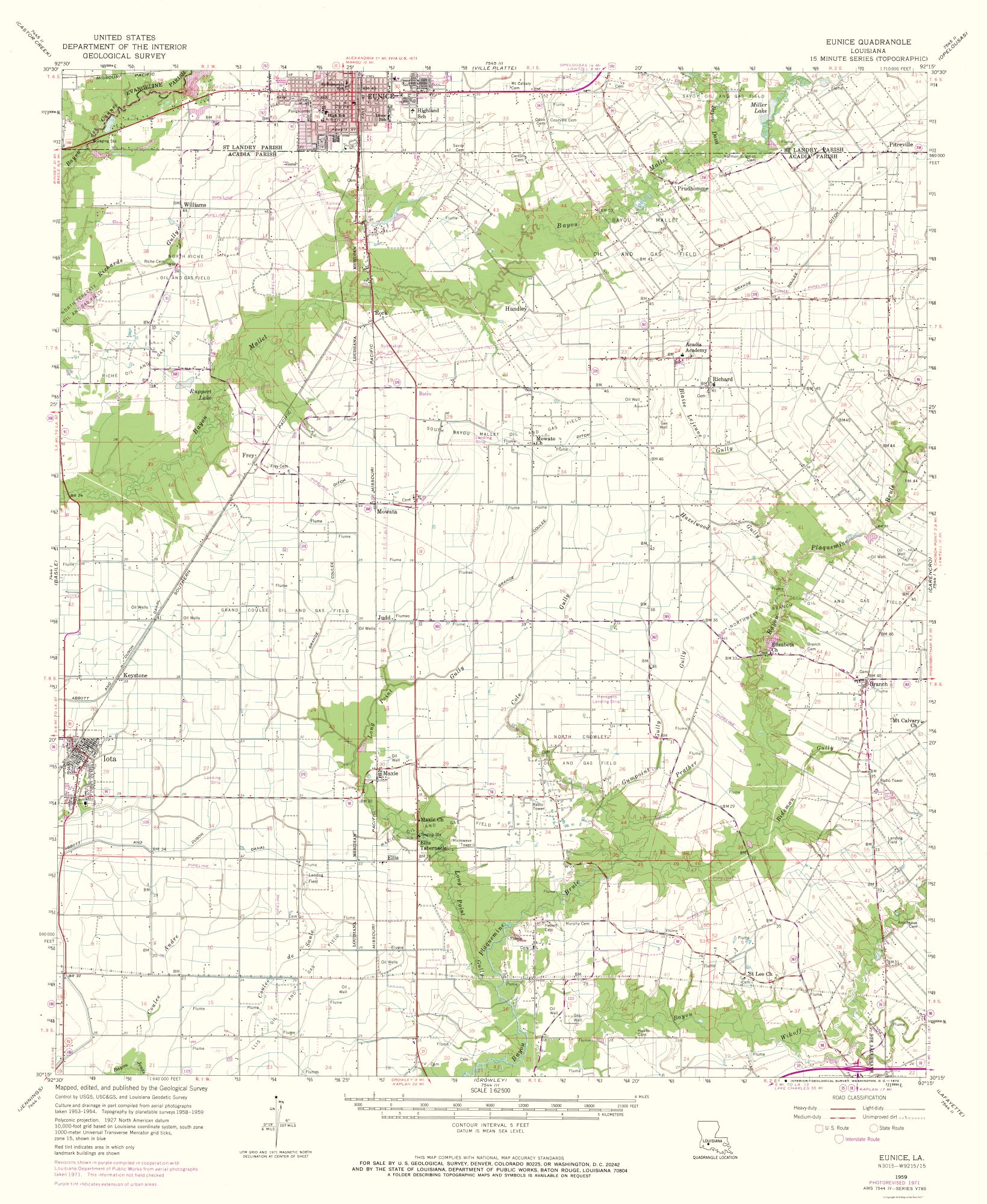 Topo Maps Eunice Louisiana Quad USGS 1959 23.00 x 28.07 Matte