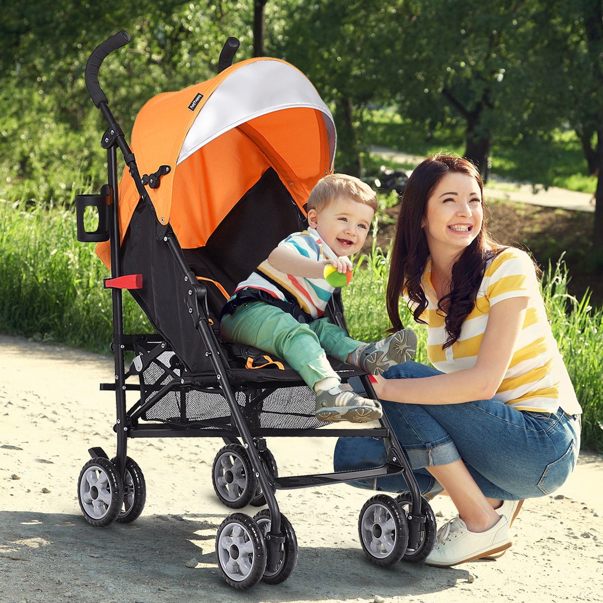 Costway Folding Lightweight Baby Toddler Umbrella Travel Stroller with Storage Basket Orange