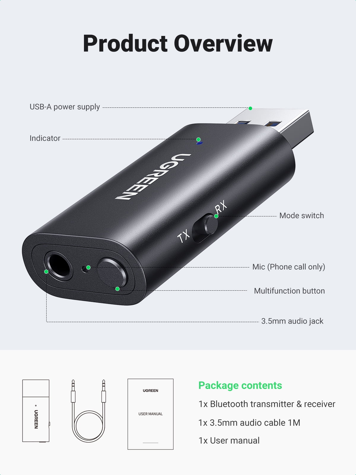 UGREEN Bluetooth Adapter, 2 in 1  Audio Receiver and Transmitter for TV, Home Stereo, Headphones