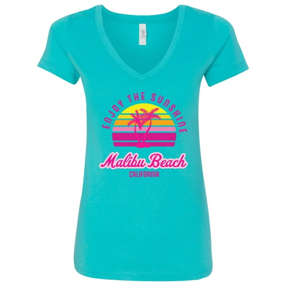Inktastic Summer Enjoy the Sunshine Malibu Beach California in Pink Women's V-Neck T-Shirt
