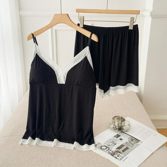 Womens Pajama Sets Oversized Solid Color Lace Pajama Set Leisure Collared Sleeveless Sleepwear with Shorts Womens Summer Pajamas
