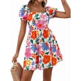 thumbnail image 3 of Women'S Floral Puff Sleeve Ruched Frill Trim Shirred A Line Boho Flared Dress White S, 3 of 9