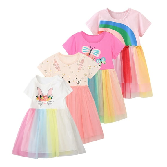 Emy Dola Toddler Girls Tutu Dresses Summer Short Sleeve Rainbow Tulle Party Dress for Girl 2-7 Years Easter Gift - 1 Piece Flower Fox