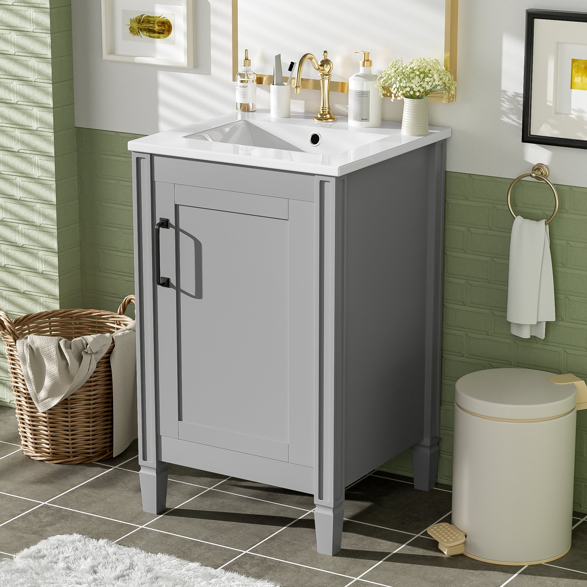 Euroco 20" Gray Bathroom Vanity with Ceramic Sink, Soft Close Door, Adjustable U-Shaped Shelf, Door Storage Rack, Modern Freestanding Cabinet for Small Bathrooms