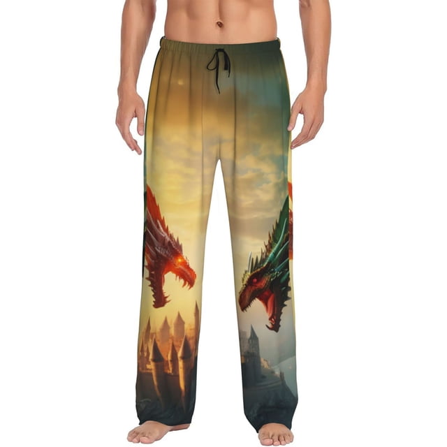 Balery Castle Red Green Sky Dragon Pantalones de pijama para hombre, pijama ultraligero, pantalón de descanso-X-Large
