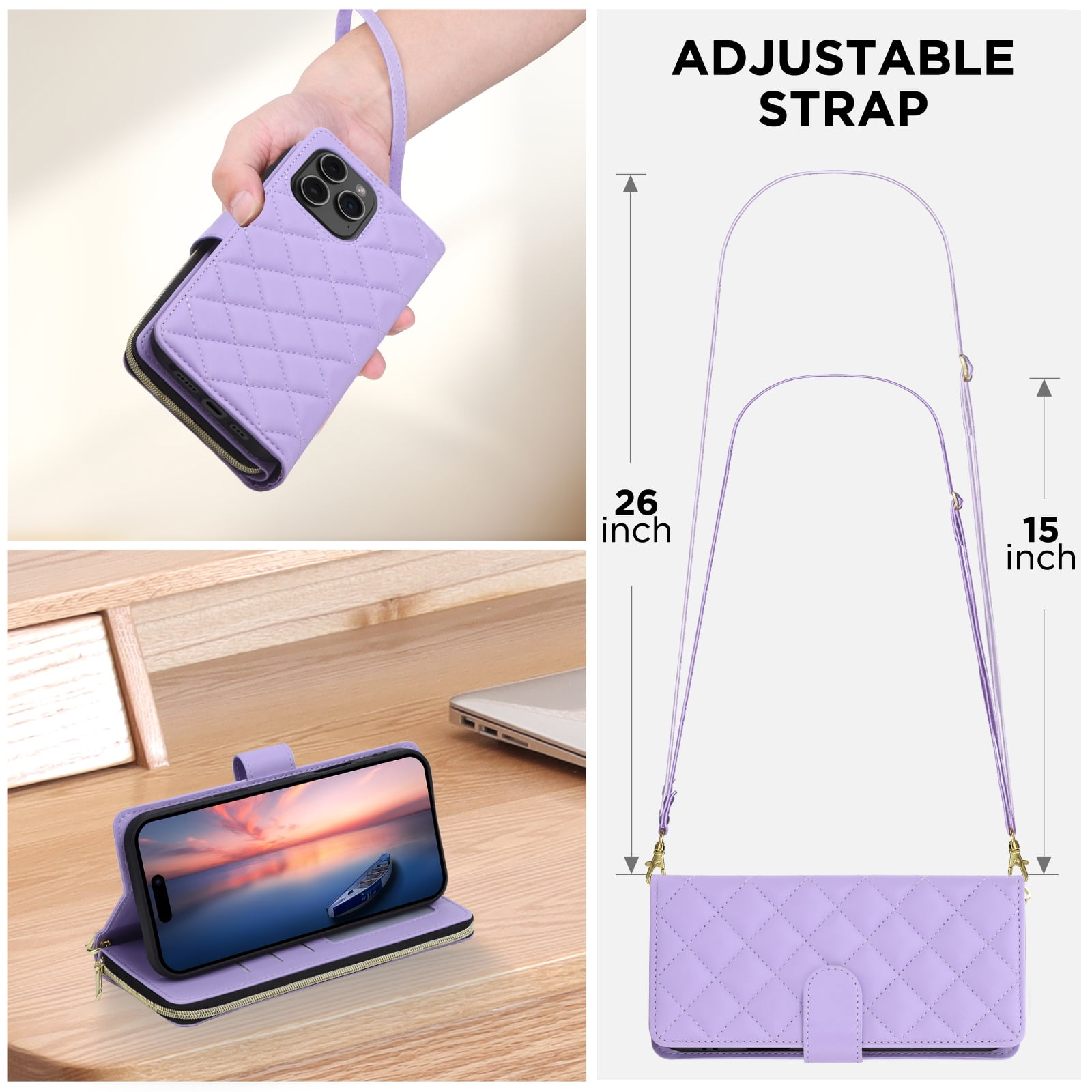 for iPhone 13 Pro Wallet Case, Multi-Functional Zipper Purse Case, with Flip Stand Card Holder PU Leather Phone Cover with Lanyard & Wrist Strap for iPhone 13 Pro, Purple
