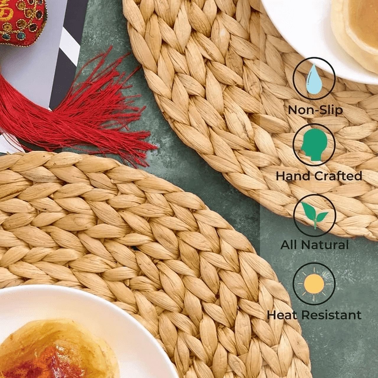 9.8" Round Woven Placemats, Placemats Set of 4,Wicker Placemats, Natural Water Hyacinth Placemats, Heat Resistant, Anti-Slip & Durable for Dining Room Table & Countertops