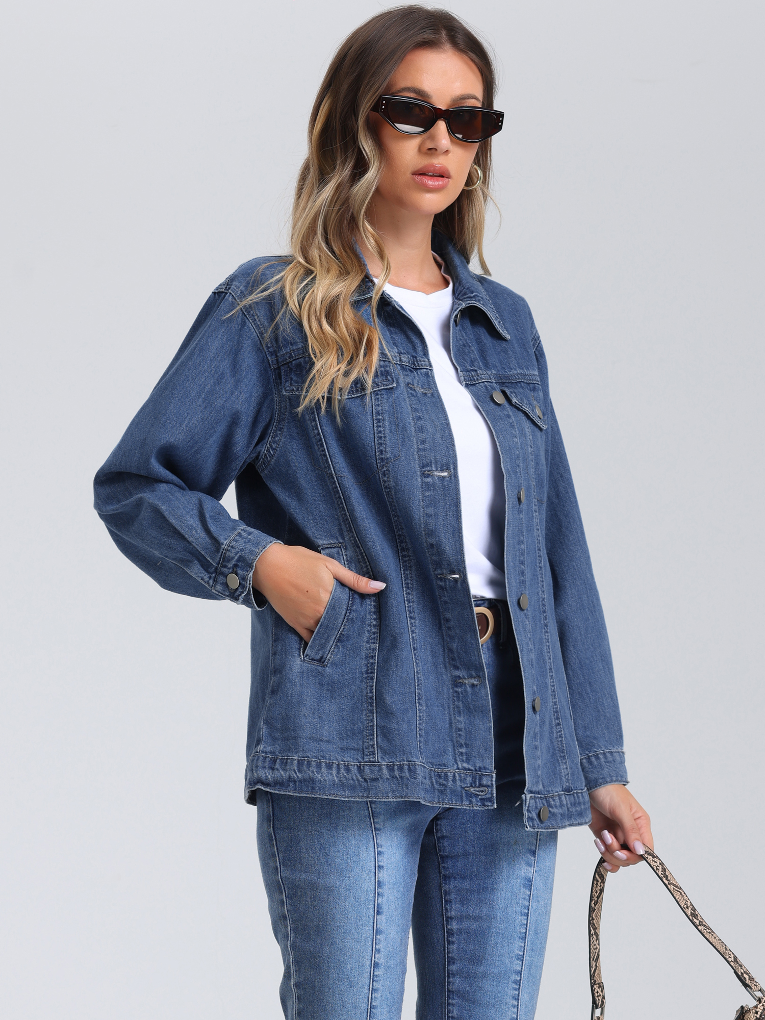DARING DIVA Women's Long Denim Jacket Oversized Long Sleeve Pocket Jean Jacket XS Blue