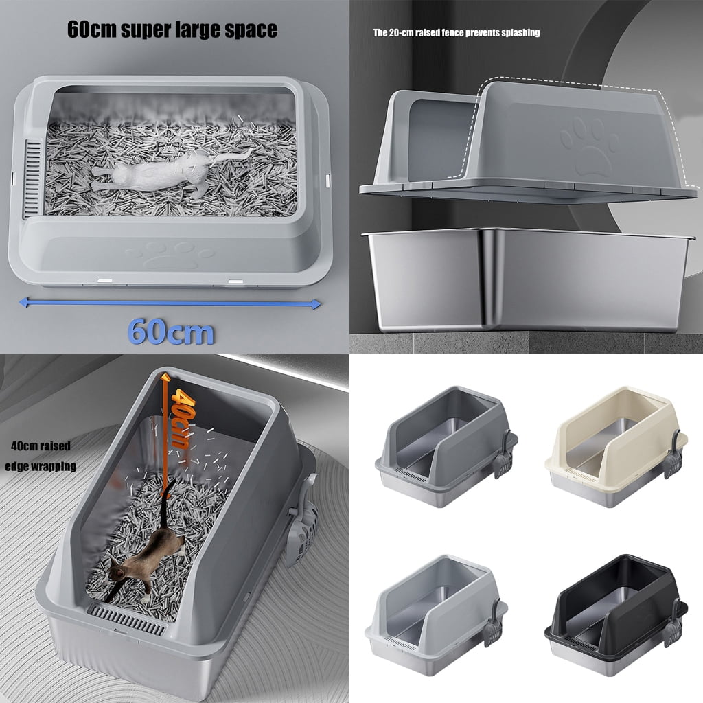 High Side Cats Litter Box with Stainless Steel Tray and Removable Panel Scoops For Large Cats Home Use