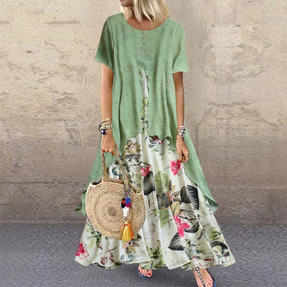 ZANZEA Women Short Sleeve Round Neck Floral Maxi Dress