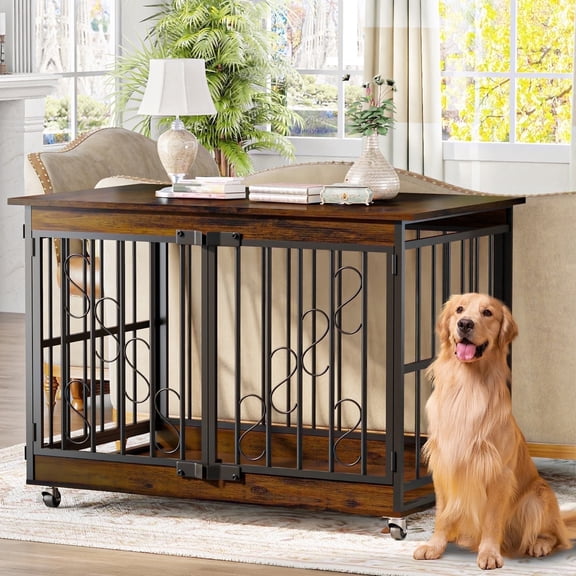 48 inch Dog Cage Furniture for Extra Large Dog, Double-Doors Heavy Duty Dog Crate with 360° Caster Wheels, Dog Kennel Indoor Decorative Pet House Dog Cage Table, Brown