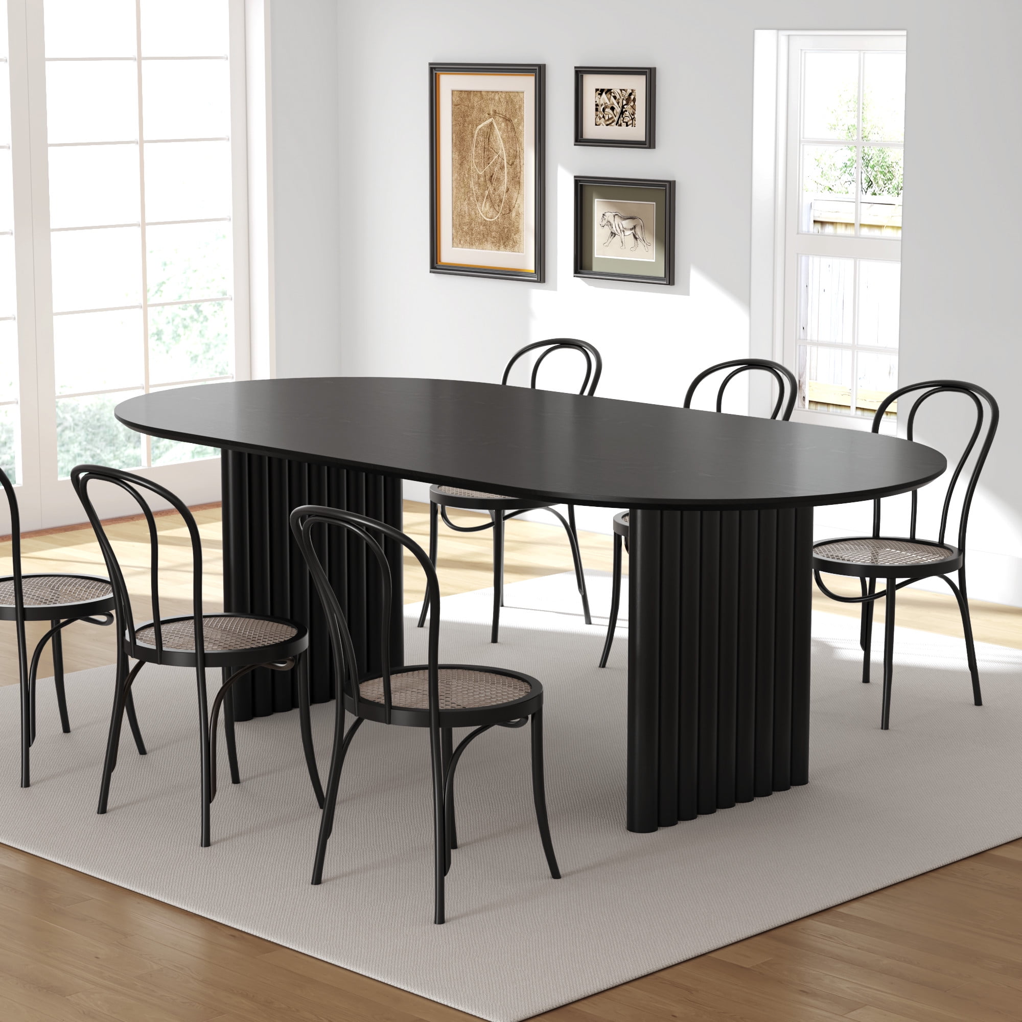 MAYEERTY 79"×40"×30" Black Oval Dining Table - Flat Striped Legs, Sturdy for Family Dining