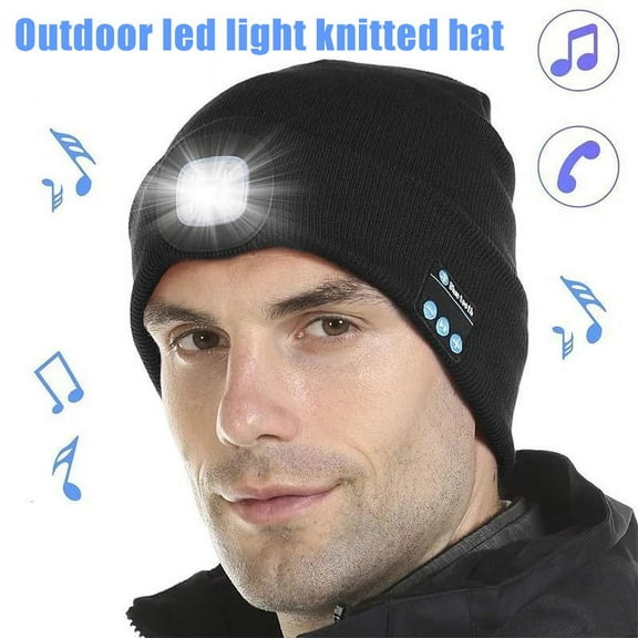 Zukuco Bluetooth Music Beanie Hat with LED Headlight Lighted Winter Beanie Cap Rechargeable Warm Knit Hat for Men Outdoor Sport Gifts