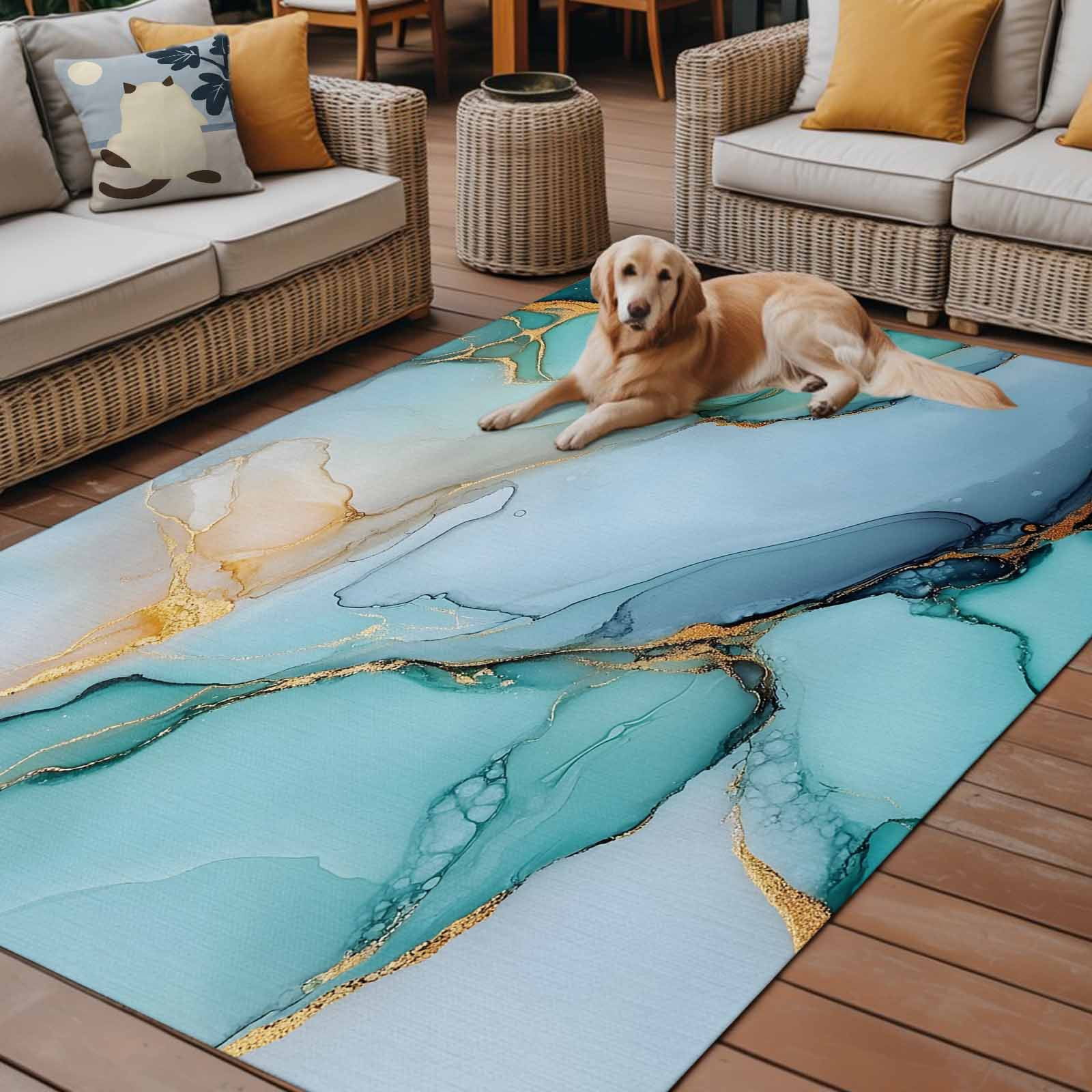 5' x 8' Outdoor Rug, Turquoise Marble Outdoor Washable Rug Large Floor Carpet, Farmhouse Abstract Ombre Texture Non Shedding Area Rug for Outside Patio RV Porch Deck Balcony Camping Living Room