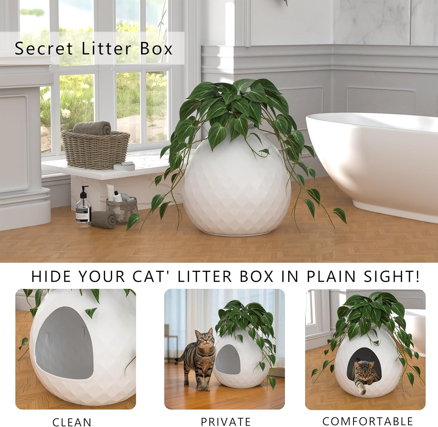 Hidden Cat Litter Box, Plant Cat Litter Box with Removable Planter Top Vented, Multi-Functional Resin Litter Boxes Enclosure Furniture, Easy to Clean, for Living Room Indoor (White, No Plant)
