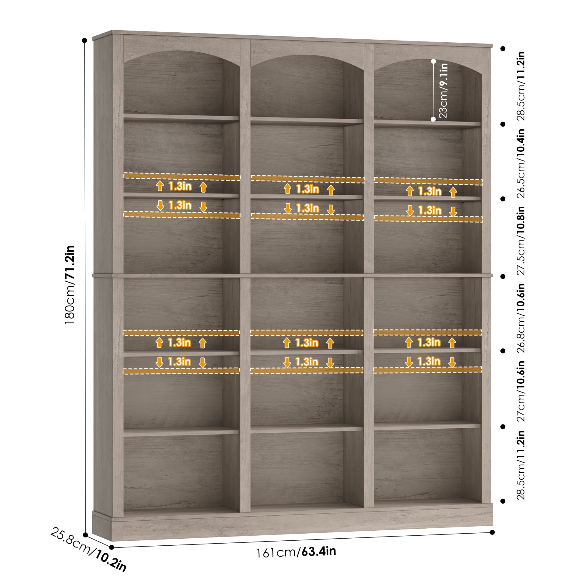 Homfa 18-Cube Bookcase and Bookshelves, 71.2" Triple Width 6 Tier Freestanding Arch Library Cabinet for Home Office Living Room, Wash Gray
