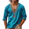 thumbnail image 2 of Yaoyar Men's Henley Shirt Long Sleeve African Print Embroidered Gauze Shirts Casual V Neck Cotton Linen Beach Hippie Shirt, 2 of 7