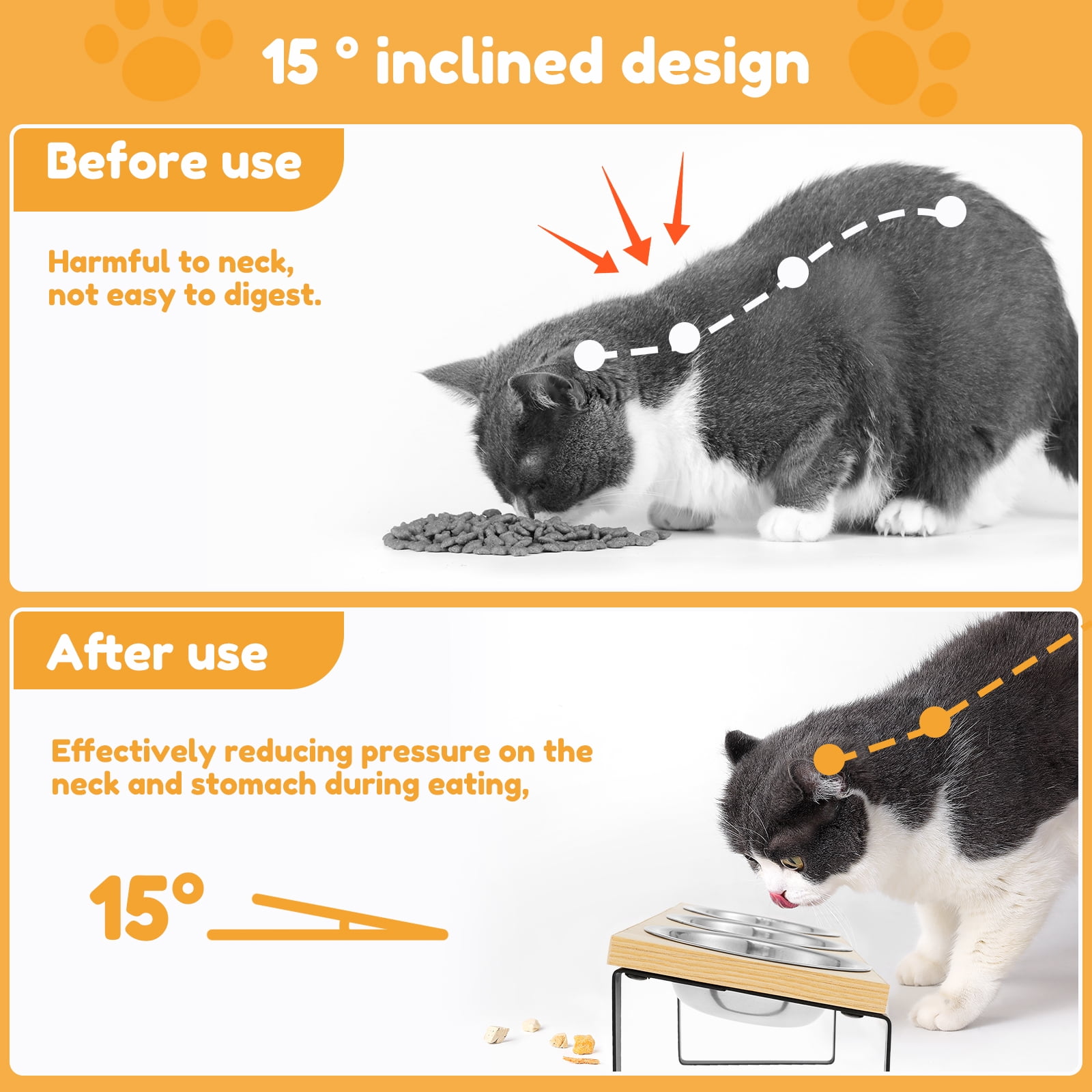 Elevated Cat Bowls Wood Cat Bowl Stand 15° Inclined Elevated Cat Food Feeder Easy to Install Raised Cat Feeder Flexible Easy to Use Elevated Cat Bowl Suitable for Cat