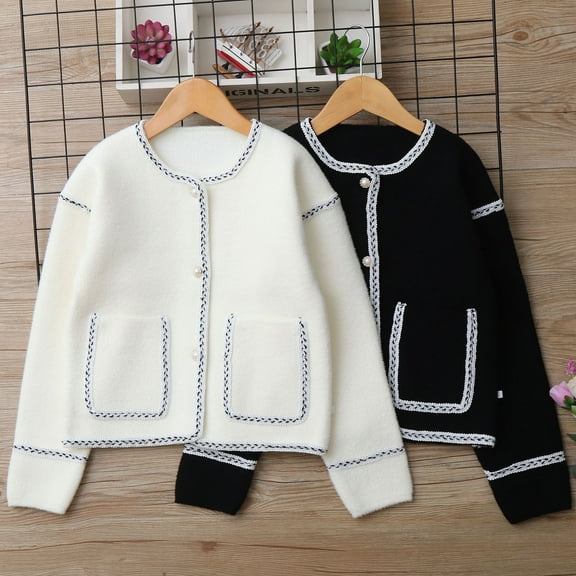 AINIYS Kids Girls' and Little Long Sleeve Crewneck Cropped Cardigan Casual Solid Trendy Hem Coat with Pocket Black 5 Years