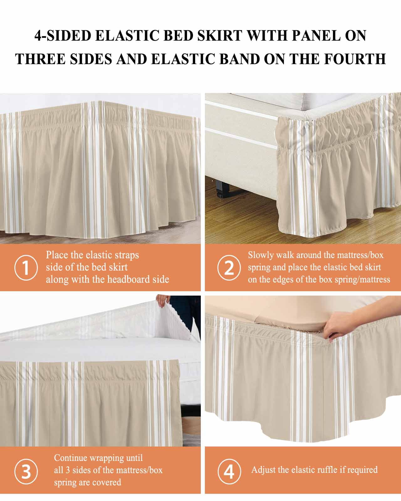 Farmhouse Khaki Bed Skirt Queen Size 16 Inch Drop, White Stripe Adjustable Elastic Dust Ruffles Bedskirt for Queen Bed Wrap Around Pleated Mattress Frame Cover