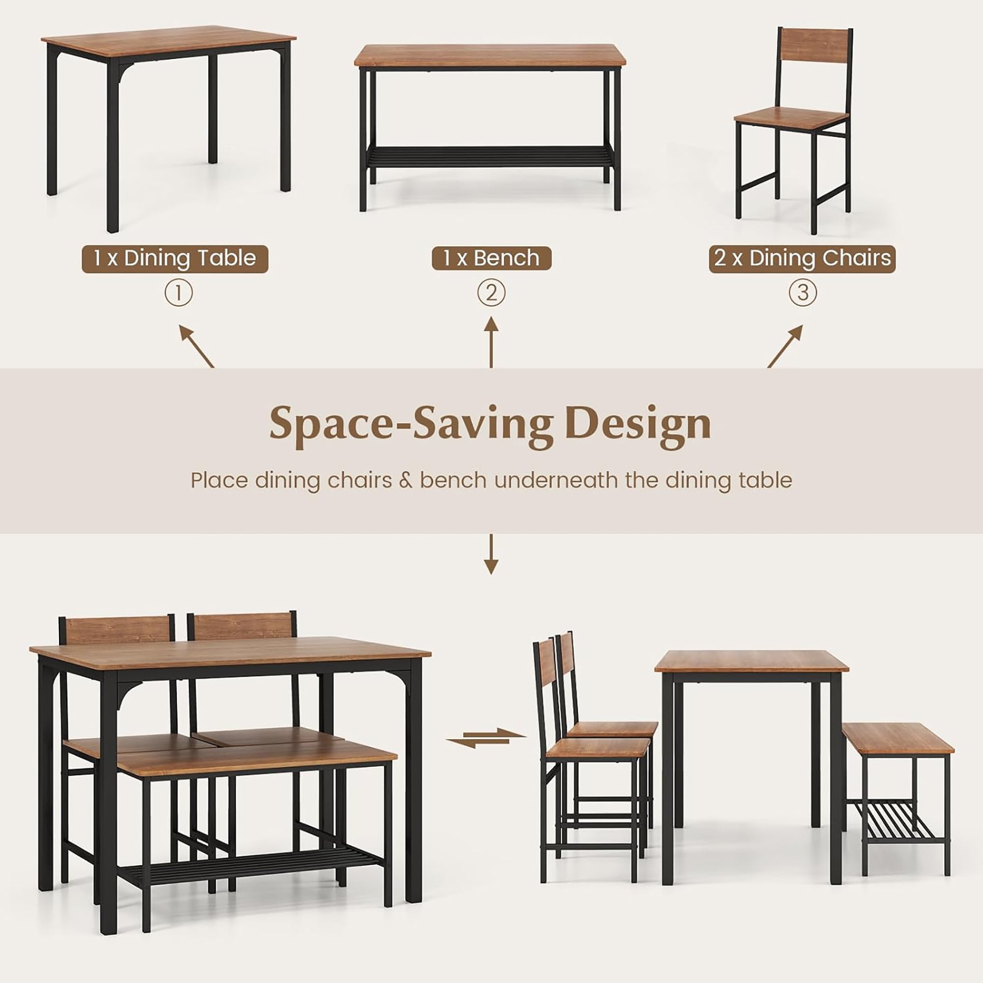 Gymax 4pcs Dining Table Set Rustic Desk 2 Chairs & Bench w/ Storage Rack Brown